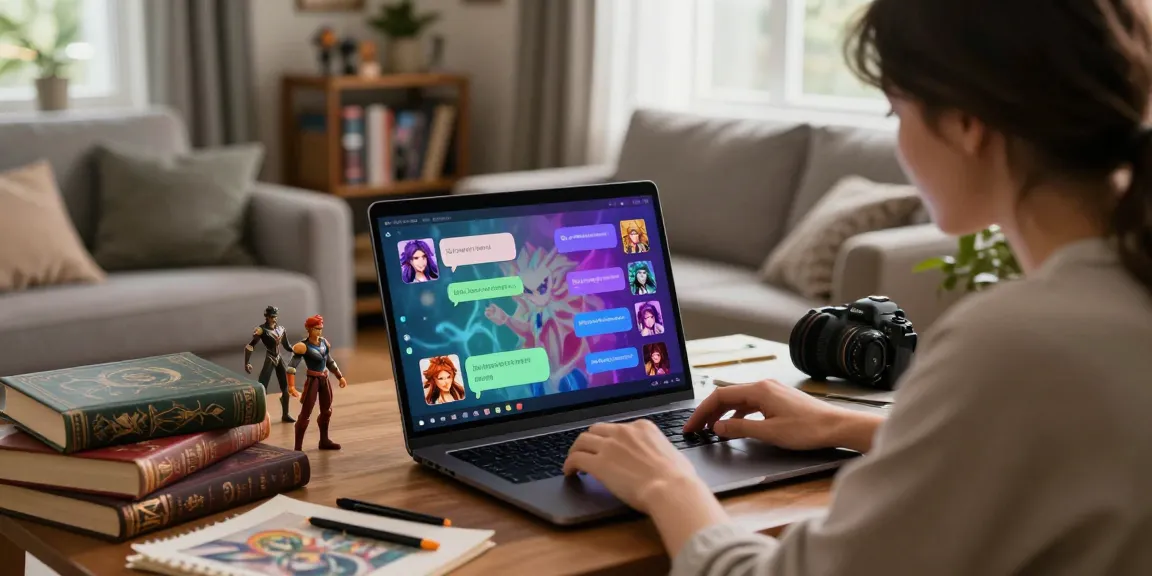 Interactive character AI nsfw roleplay scene with vibrant chat interface and cozy environment.