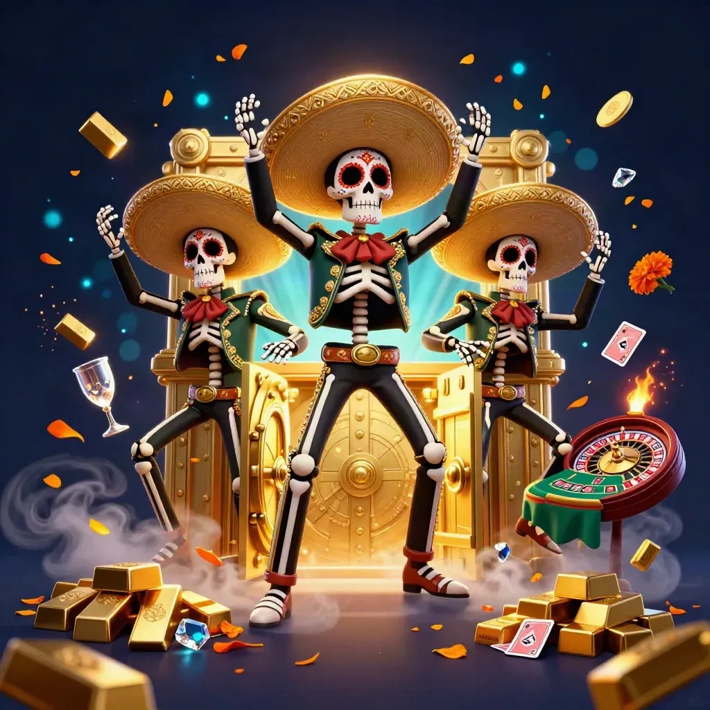 Skelet-mariachi trio bij een open schatkluis met goud, diamanten en casinoglow.