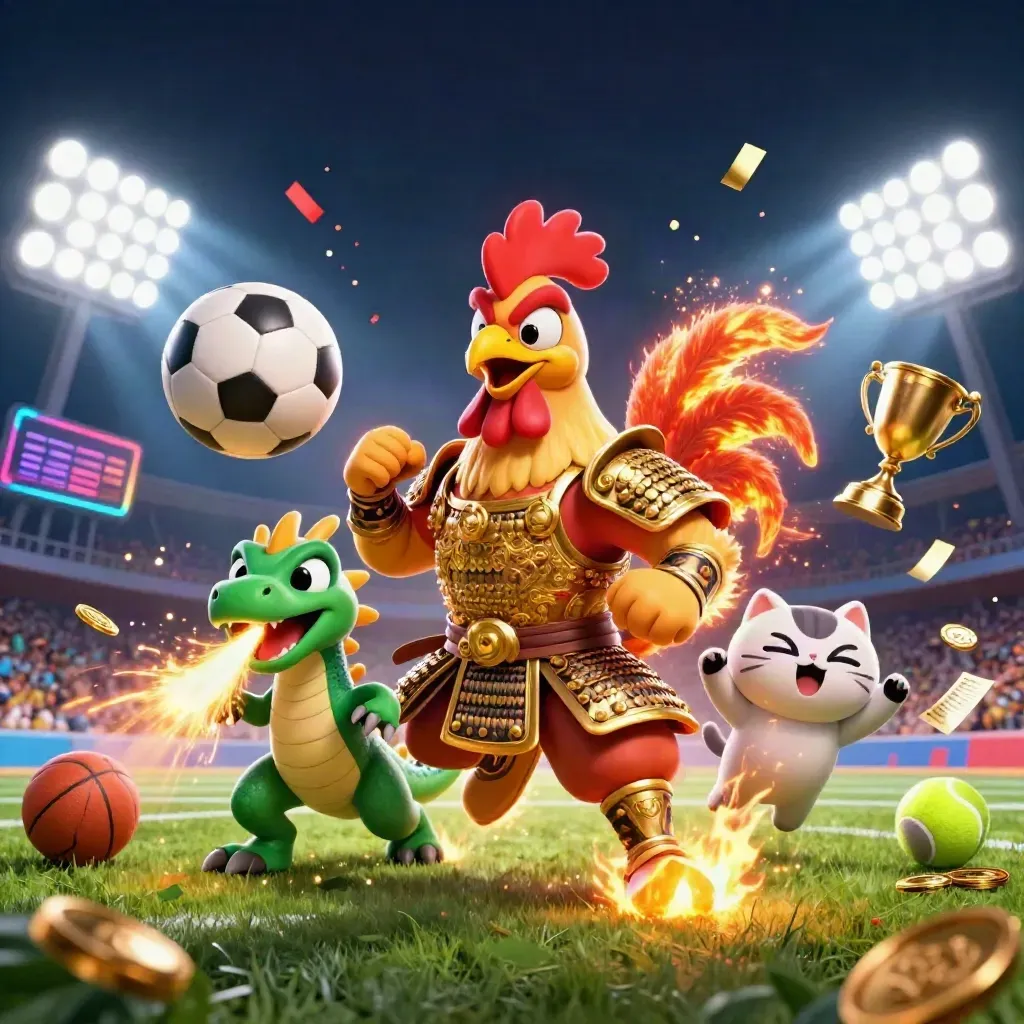 Rooster-krijger, draakje en gelukskat bij een explosieve voetbalactie met bal, licht en goud