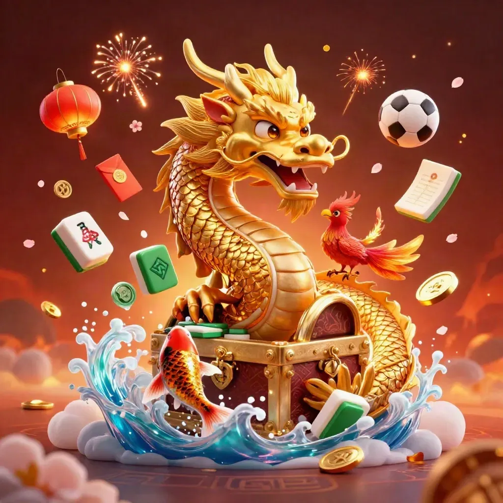 Gouden draak met kist, feniks en koi tussen sportballen, munten en casino-lantaarns.