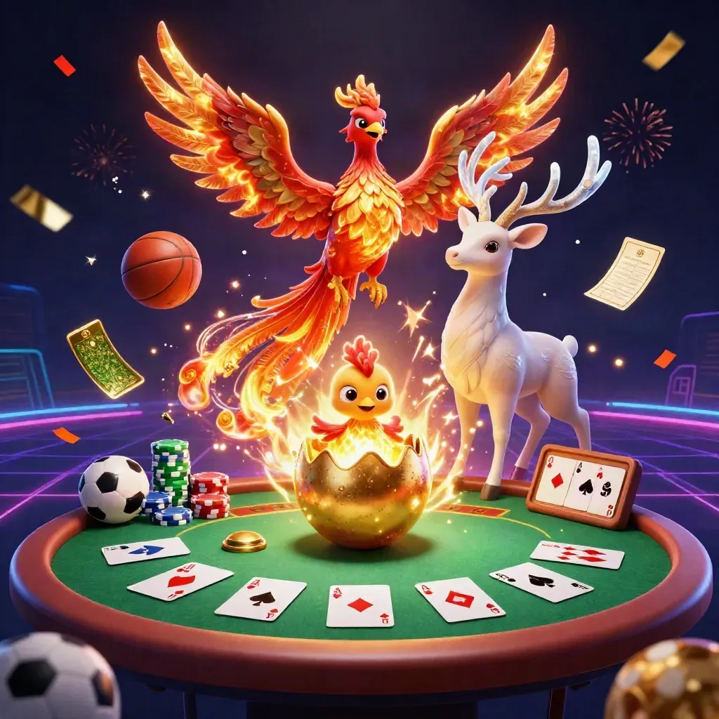 Vuurdraakphoenix, babyphoenix en kristallen hert rond pokerchips in neon casino-sfeer.