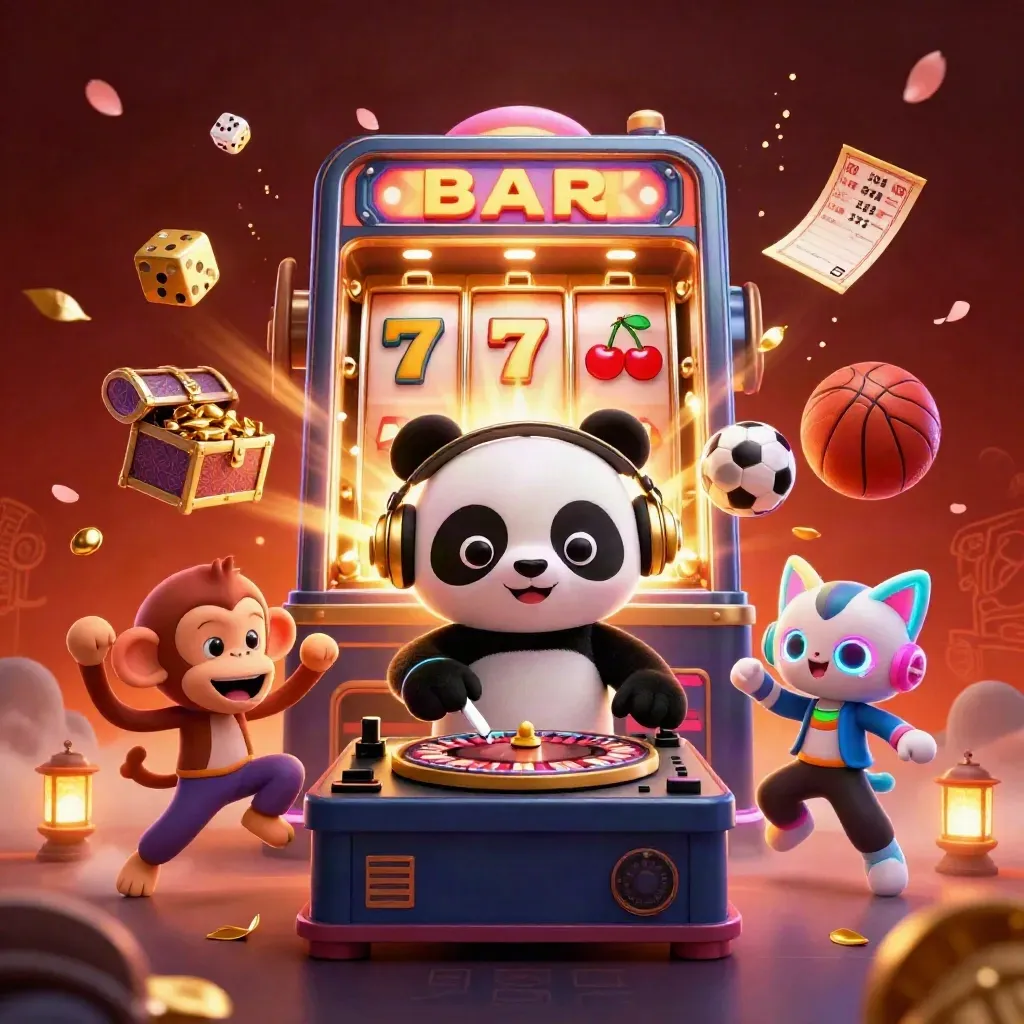 Dansende casino-dieren met jackpot, sportballen en neonlicht in luxe sfeer.