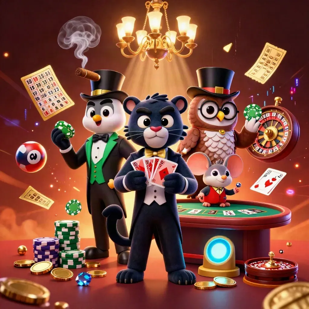 Panter, uil en muis rond een luxe casinotafel met neon, licht en goud in warme gloed.