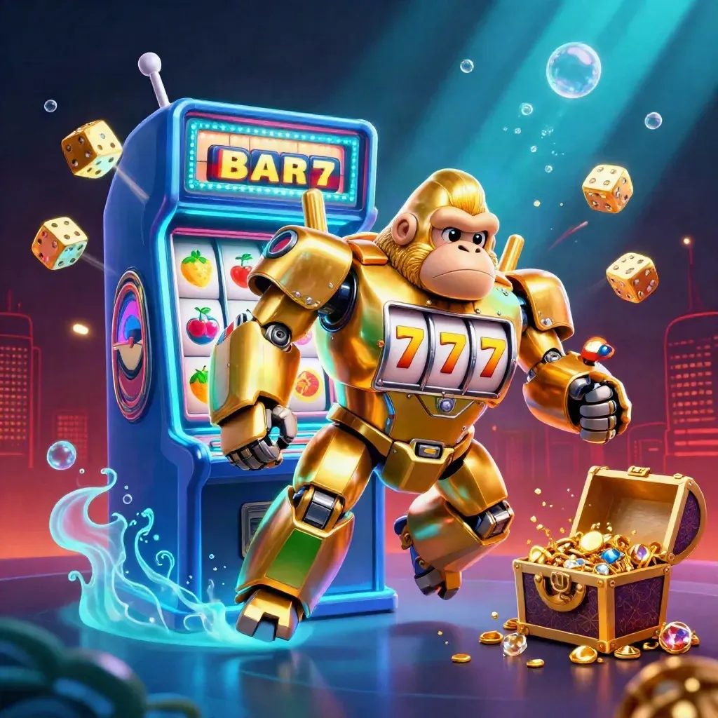 Gouden gorillamech met apenpiloot, omringd door jackpot, munten en cyan neon.
