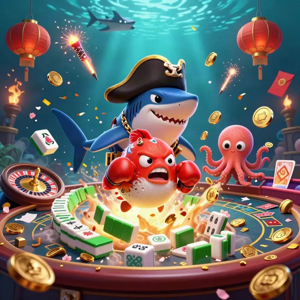 Haaikapitein, pufferfish en octopus bij een explosie van goud en casino-items onder water.