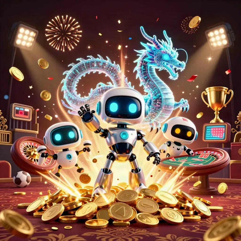 Robot, hologramdraak en drone tussen goud, kaarten, ballen en confetti in luxe casino-uitbarsting