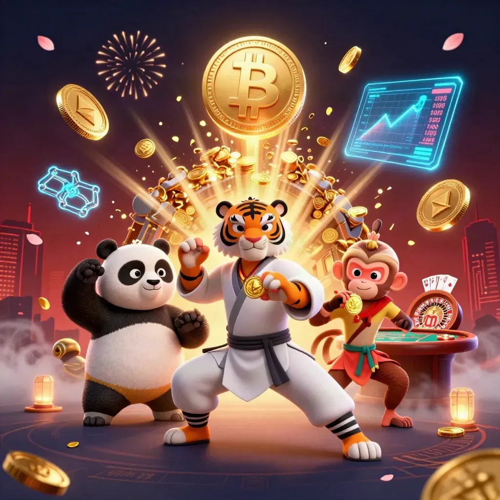 Tijger, panda en aap bij een explosie van goud, crypto-coins, kaarten en neon in een donkere casino-scène