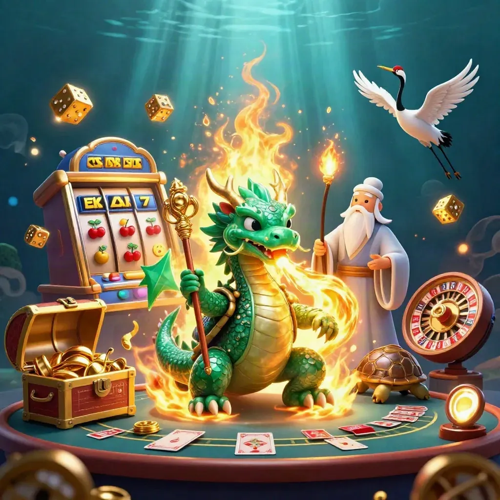 Jade draak, schildpadwijze en kraanvogels tussen goud, sloten en casinogloed.