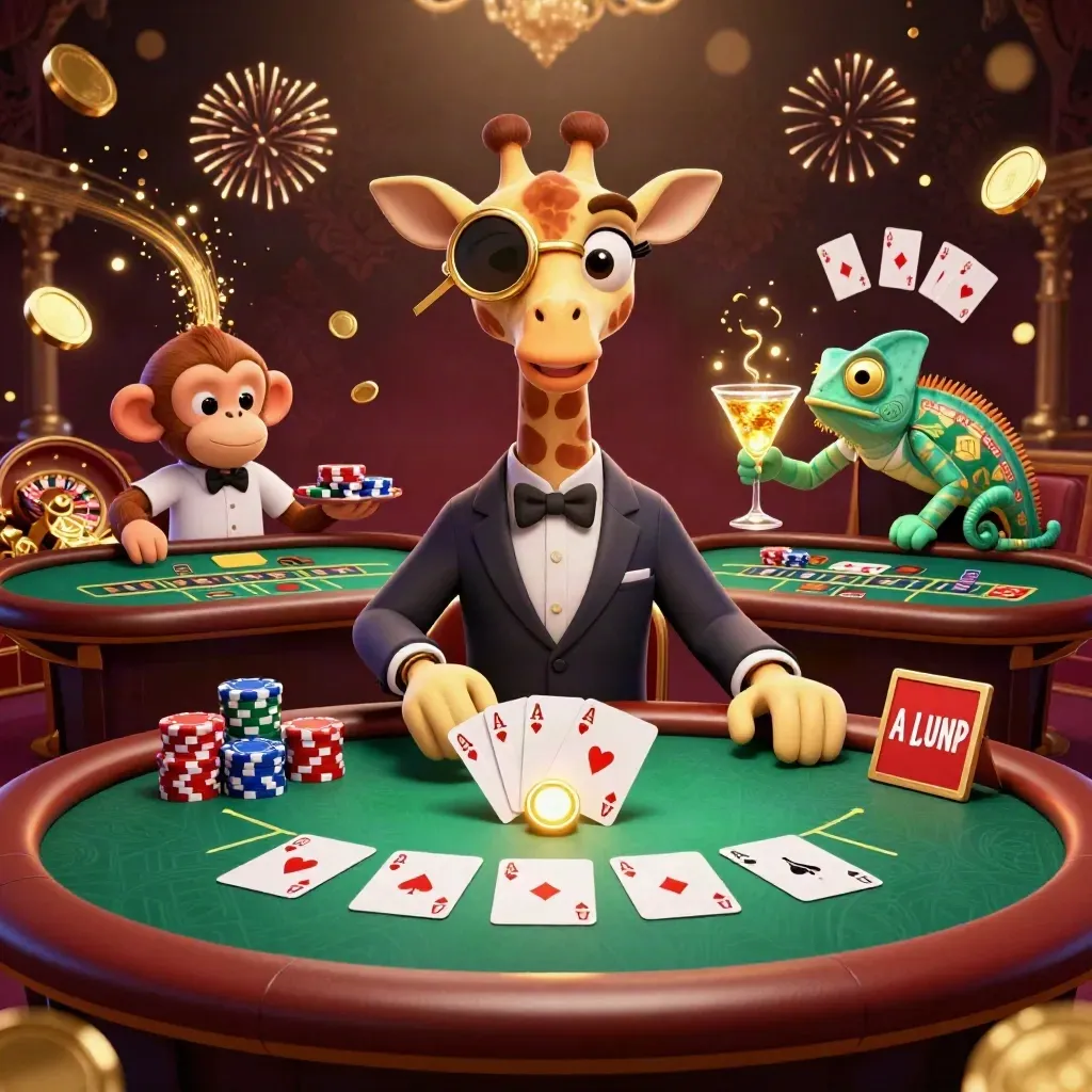 Giraffe, aap en kameleon aan een VIP-pokertafel met goud, fiches en casino-glans.