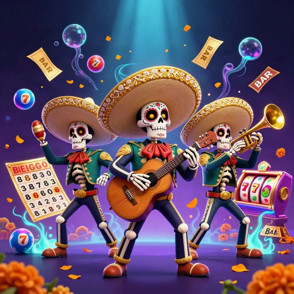 Drie skelet-mariachi’s met loterijballen, bonusrad en gouden tickets in neon licht.