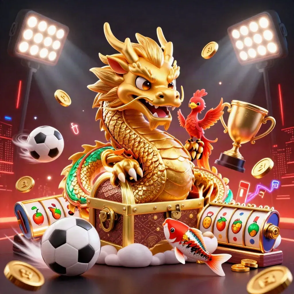 Gouden draak met schatkist, phoenix, koi en casino-effecten in neonlicht.