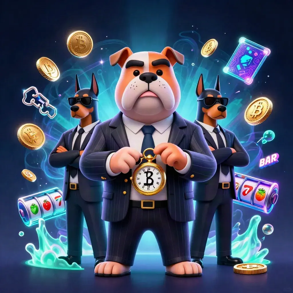 Drie maffia-honden in luxe neon, met crypto-coins, slotrollen en paarse lichtgloed.
