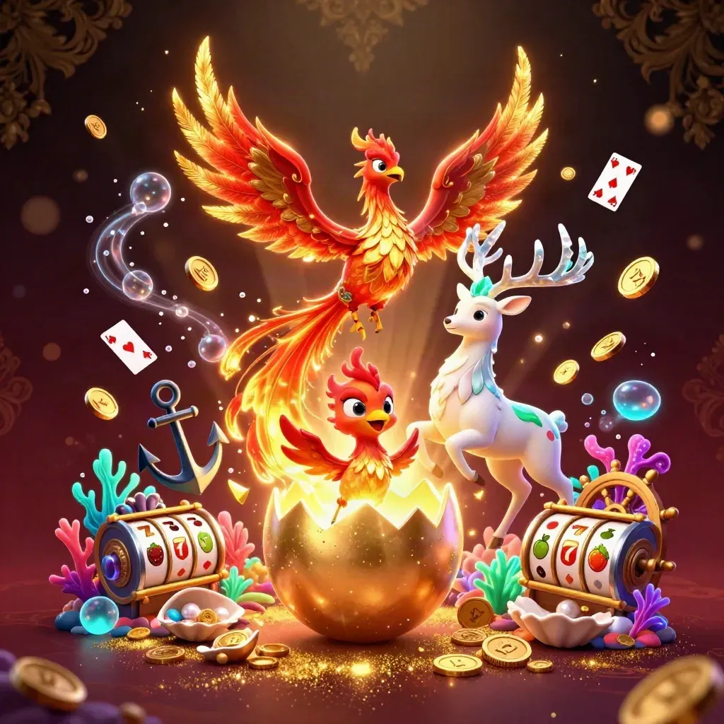 Phoenix, babyphoenix en hert met kristalgeweien tussen goud en casinodetails op donkere luxe achtergrond.